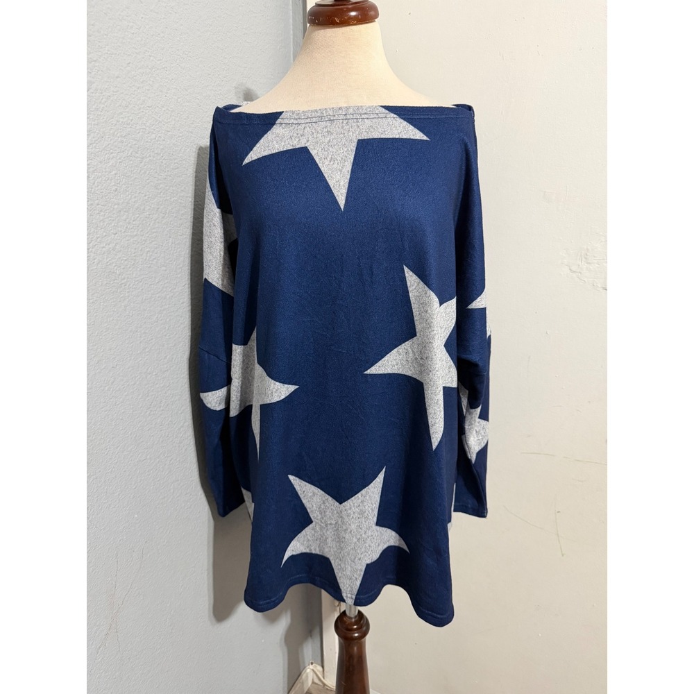 Women Top 2XL Blue Grey Oversized Star Print Boat Neck Long Sleeve 4th of‎ July